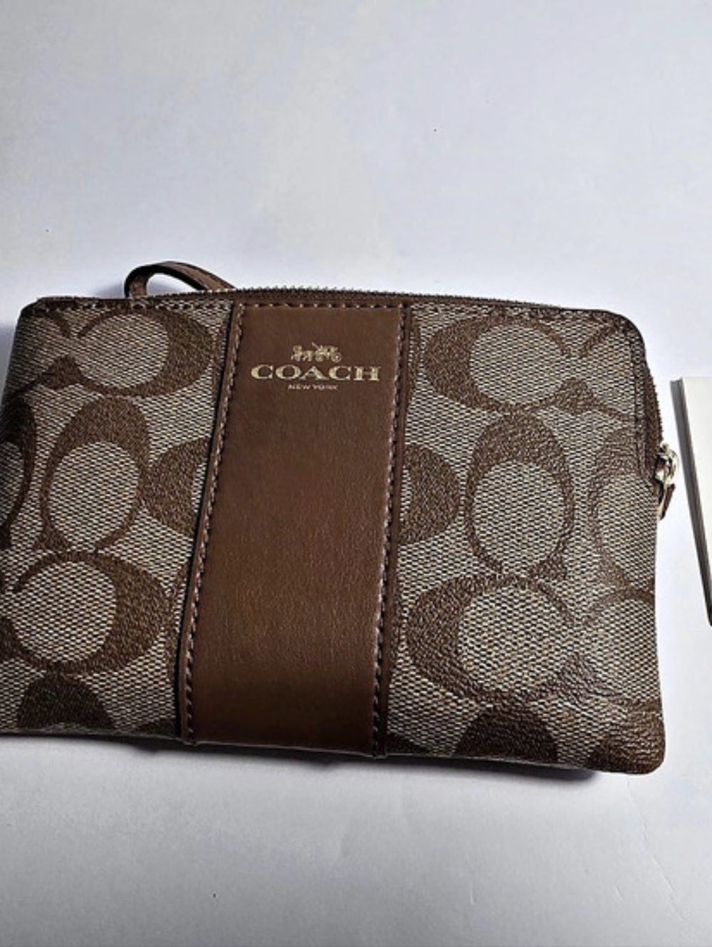Coach Corner Zip Wristlet In Signature Canvas Brown NWT